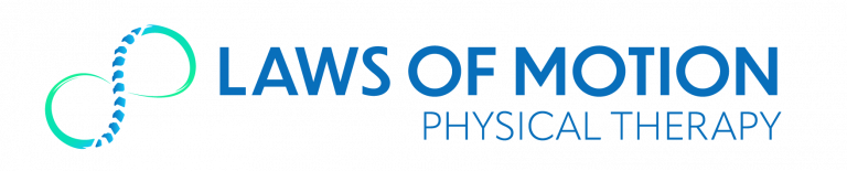 Laws of Motion Physical Therapy logo featuring an infinity symbol with a spine in the center